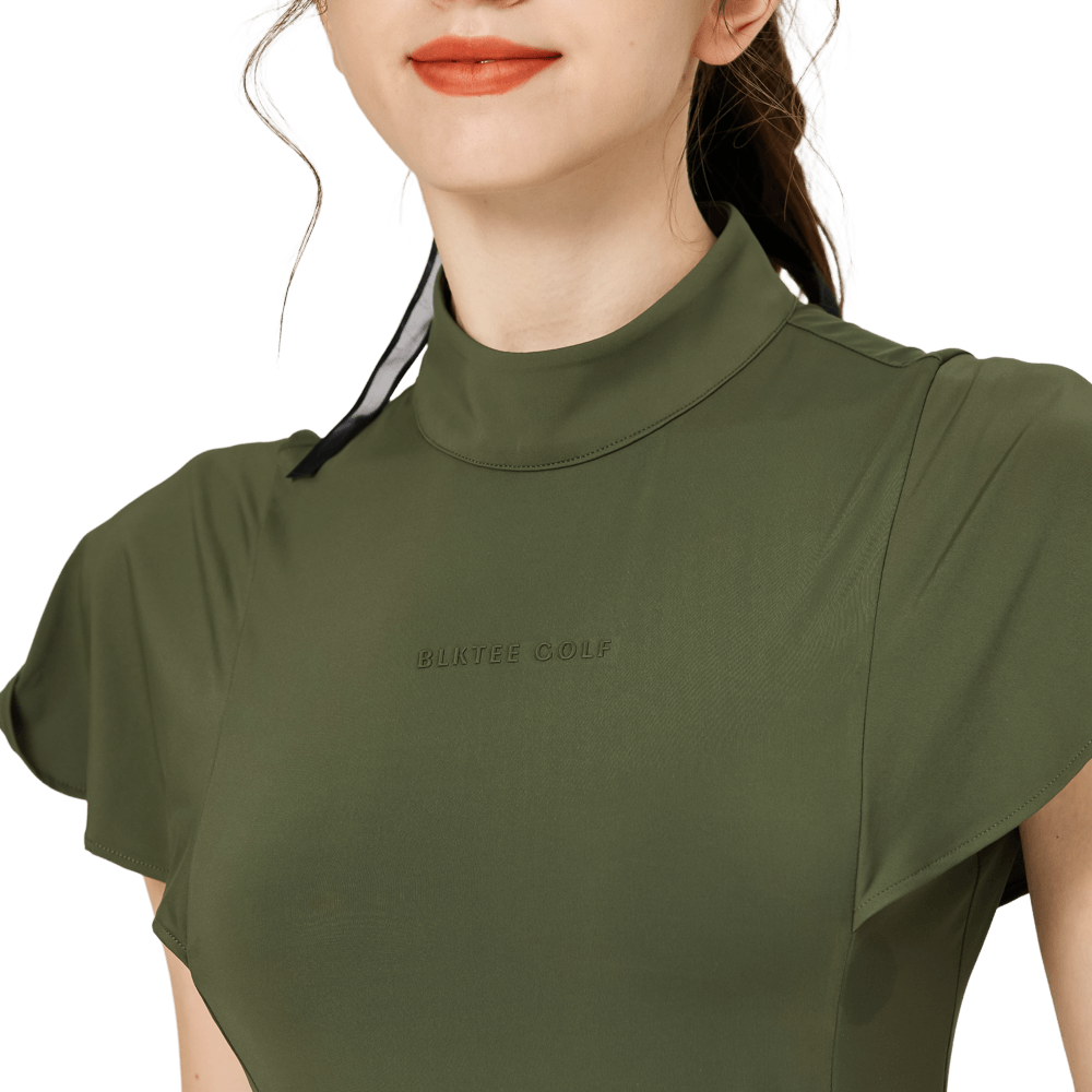 波浪袖立領女短袖上衣(軍綠)