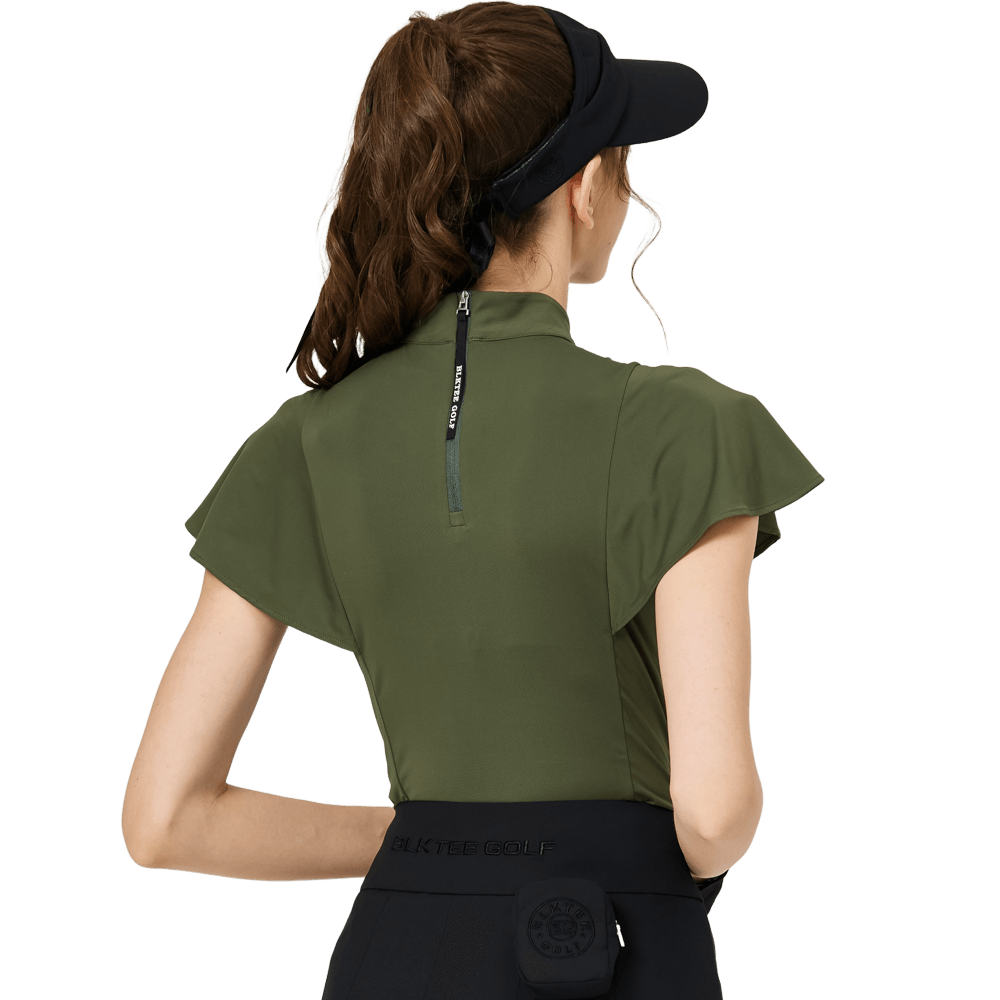 BLKTEE波浪袖立領女短袖上衣(軍綠)
