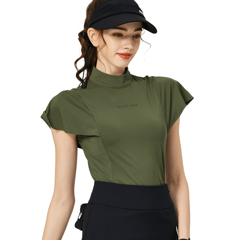 BLKTEE Wave Sleeve Stand Collar Women's Short Sleeve Top (Military Green)