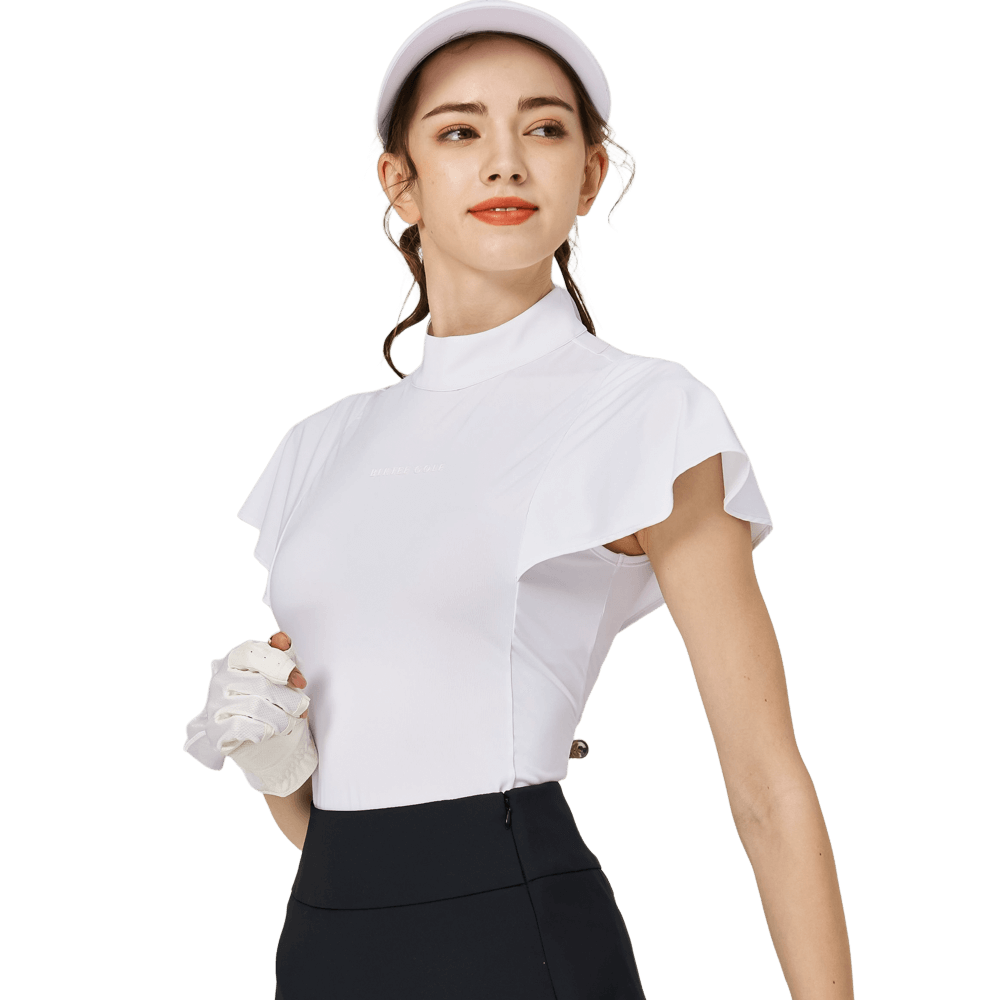 BLKTEE波浪袖立領女短袖上衣(白色)