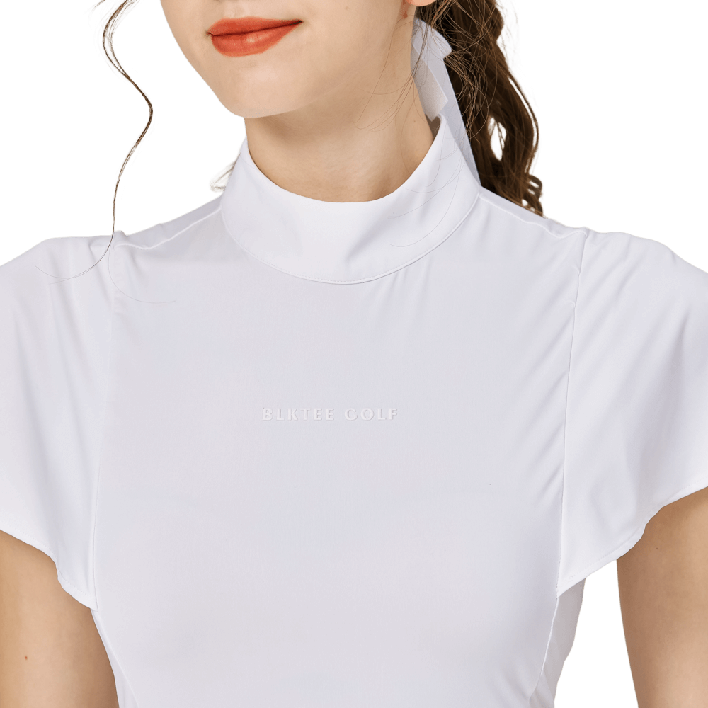BLKTEE波浪袖立領女短袖上衣(白色)