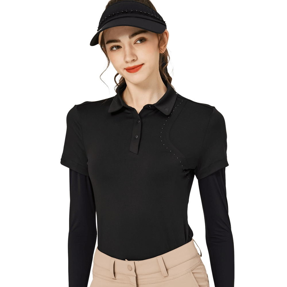 BLKTEE燙珠翻領絲光連袖短袖女上衣(黑色)