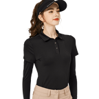 燙珠翻領絲光連袖短袖女上衣(黑色)