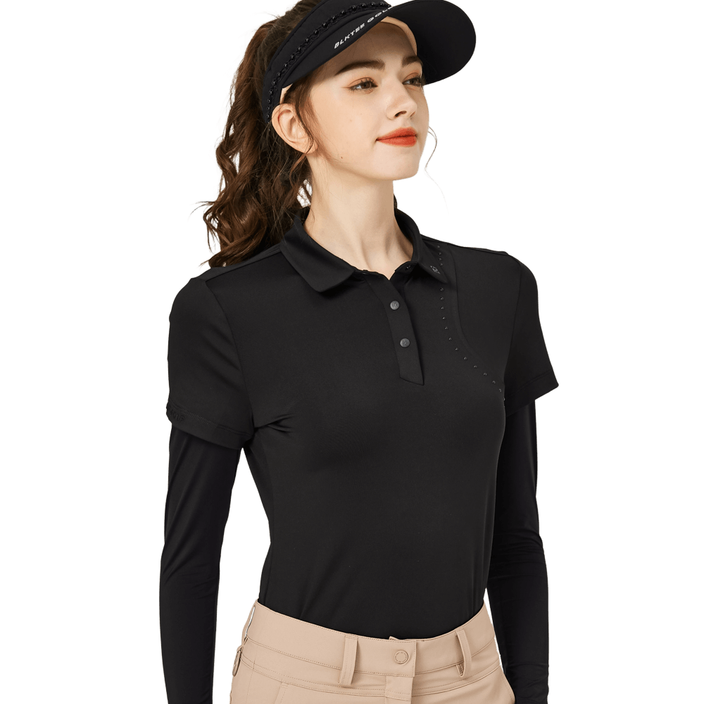 燙珠翻領絲光連袖短袖女上衣(黑色)
