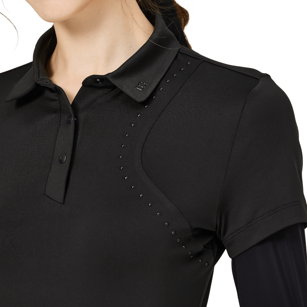 BLKTEE燙珠翻領絲光連袖短袖女上衣(黑色)