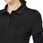 BLKTEE燙珠翻領絲光連袖短袖女上衣(黑色)