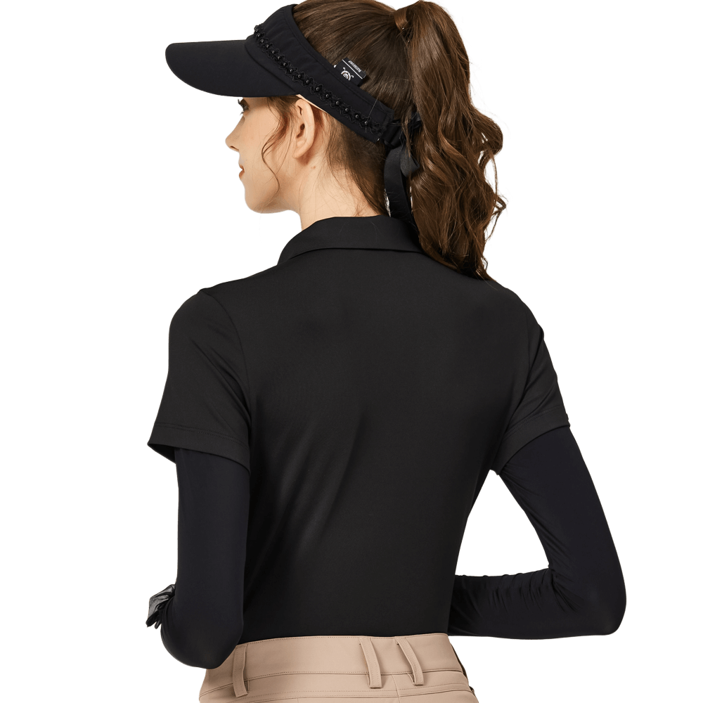 BLKTEE燙珠翻領絲光連袖短袖女上衣(黑色)