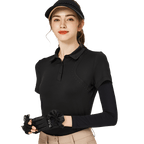 BLKTEE燙珠翻領絲光連袖短袖女上衣(黑色)