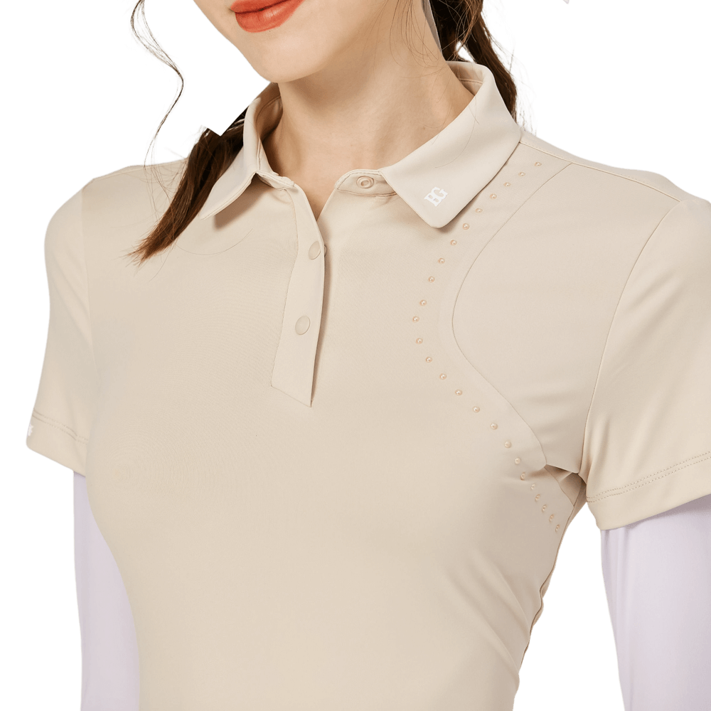 BLKTEE燙珠翻領絲光連袖短袖女上衣(卡其)