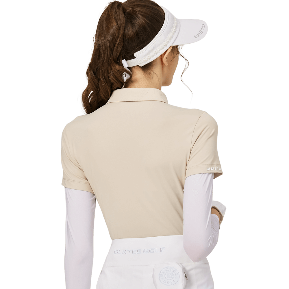 BLKTEE燙珠翻領絲光連袖短袖女上衣(卡其)