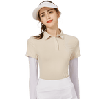 BLKTEE燙珠翻領絲光連袖短袖女上衣(卡其)