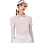 BLKTEE燙珠翻領絲光連袖短袖女上衣(粉紅色)