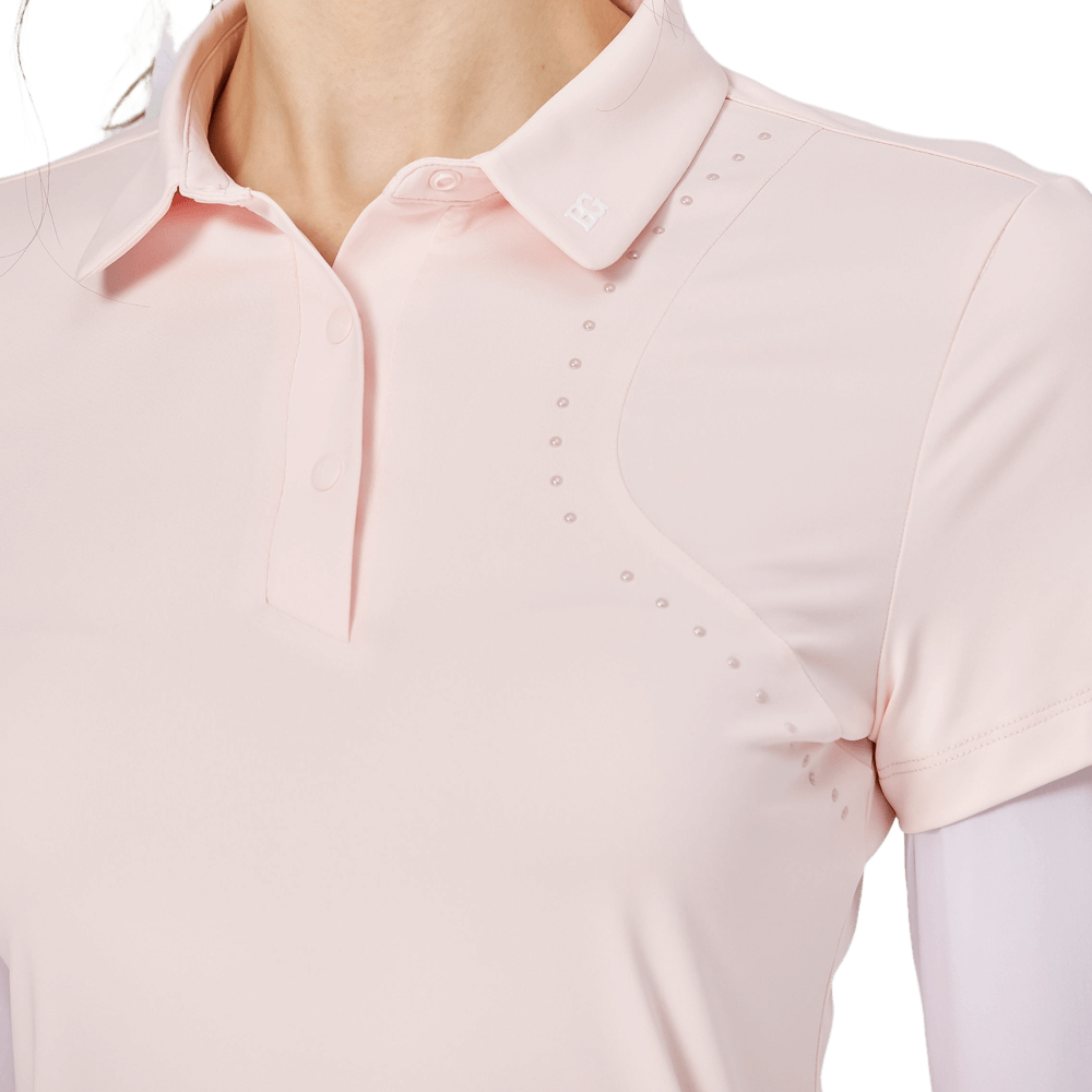 BLKTEE燙珠翻領絲光連袖短袖女上衣(粉紅色)