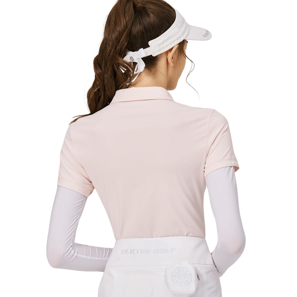 BLKTEE燙珠翻領絲光連袖短袖女上衣(粉紅色)