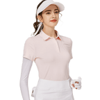 燙珠翻領絲光連袖短袖女上衣(粉紅色)