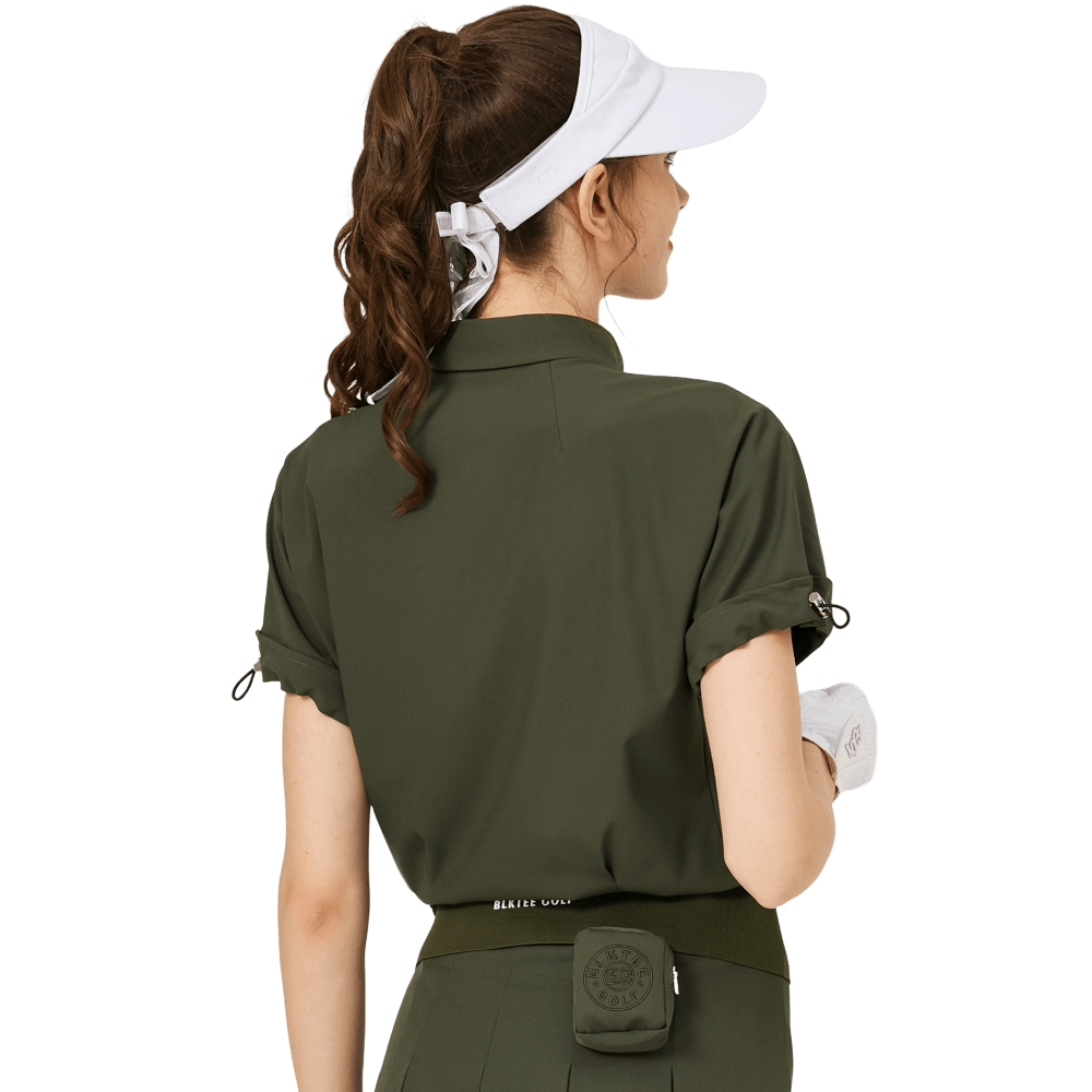 休閑長版寬鬆女短袖上衣(軍綠色)