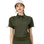休閑長版寬鬆女短袖上衣(軍綠色)