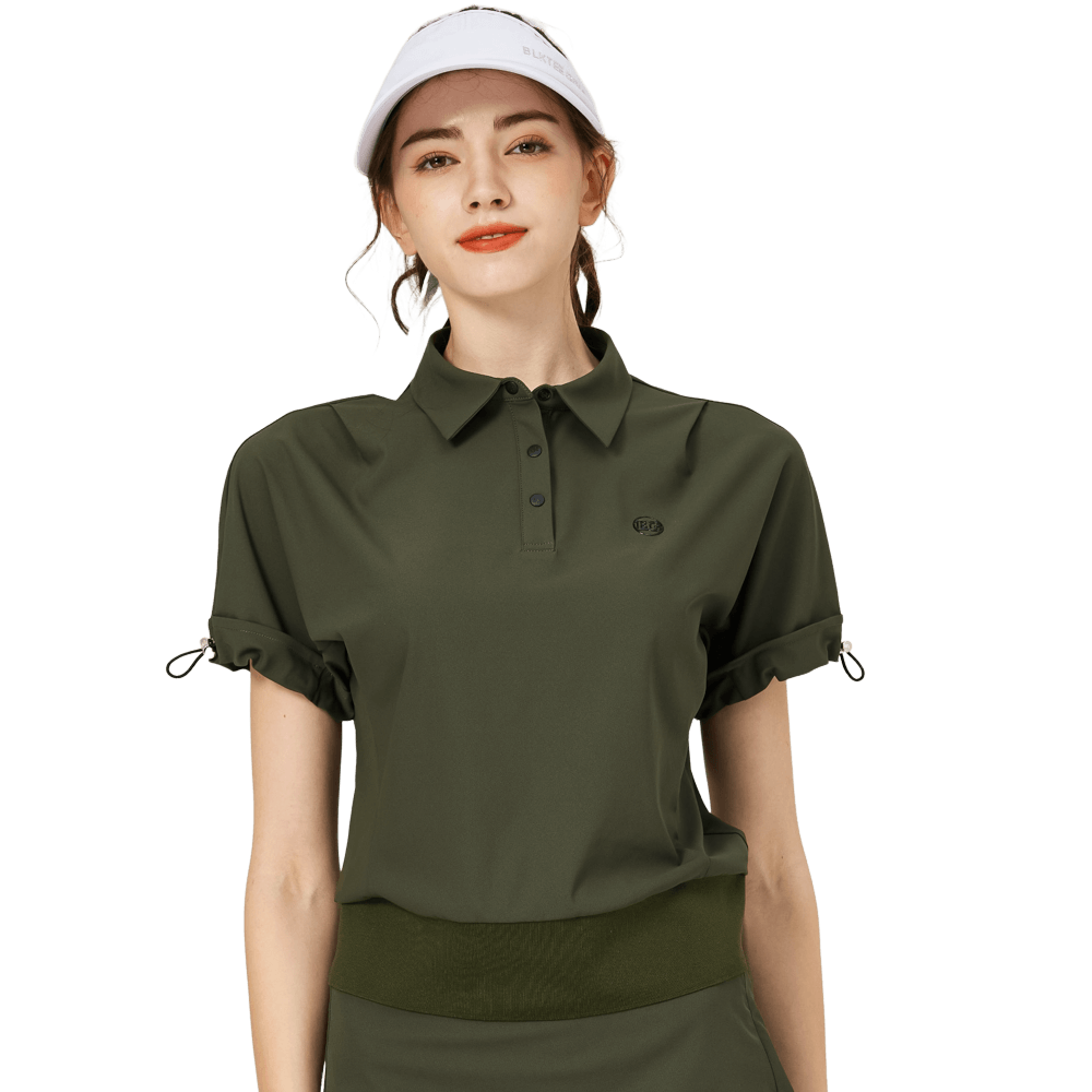 休閑長版寬鬆女短袖上衣(軍綠色)