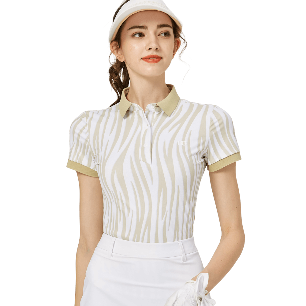 彩條翻領女短袖上衣(卡其)