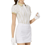 彩條翻領女短袖上衣(卡其)