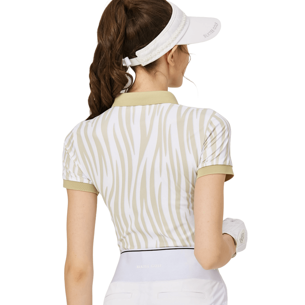 BLKTEE彩條翻領女短袖上衣(卡其)