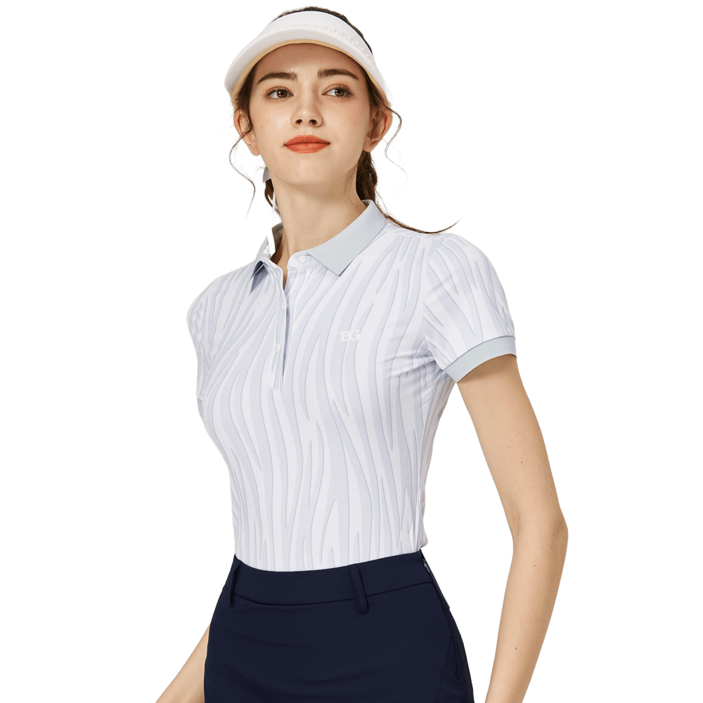 BLKTEE彩條翻領女短袖上衣(淺灰)