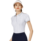 BLKTEE彩條翻領女短袖上衣(淺灰)