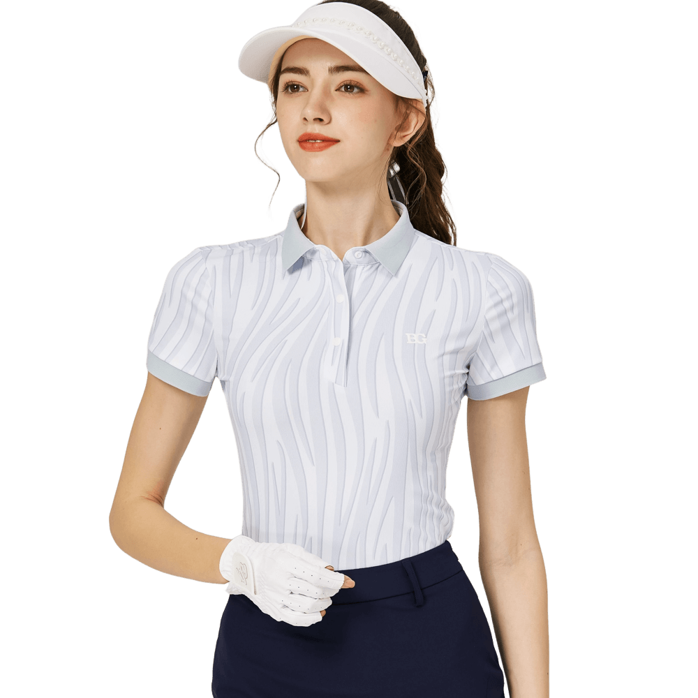 BLKTEE彩條翻領女短袖上衣(淺灰)