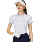 彩條翻領女短袖上衣(淺灰)