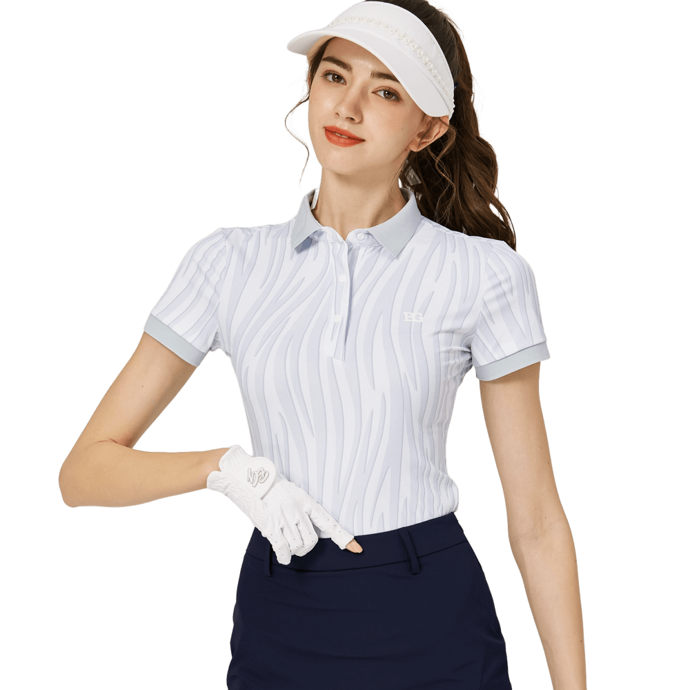 BLKTEE彩條翻領女短袖上衣(淺灰)