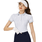 彩條翻領女短袖上衣(淺灰)