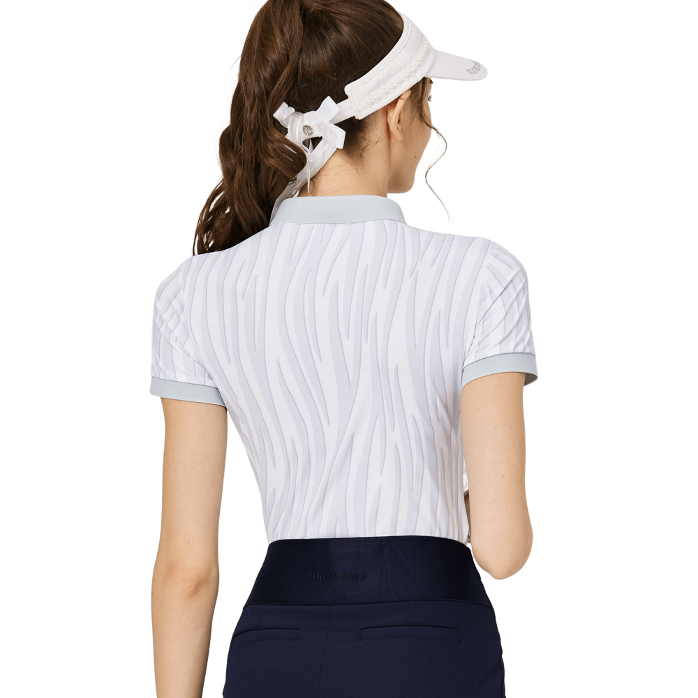 BLKTEE彩條翻領女短袖上衣(淺灰)