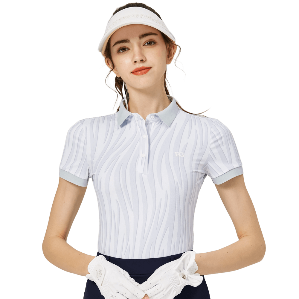 BLKTEE彩條翻領女短袖上衣(淺灰)