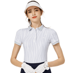 BLKTEE彩條翻領女短袖上衣(淺灰)