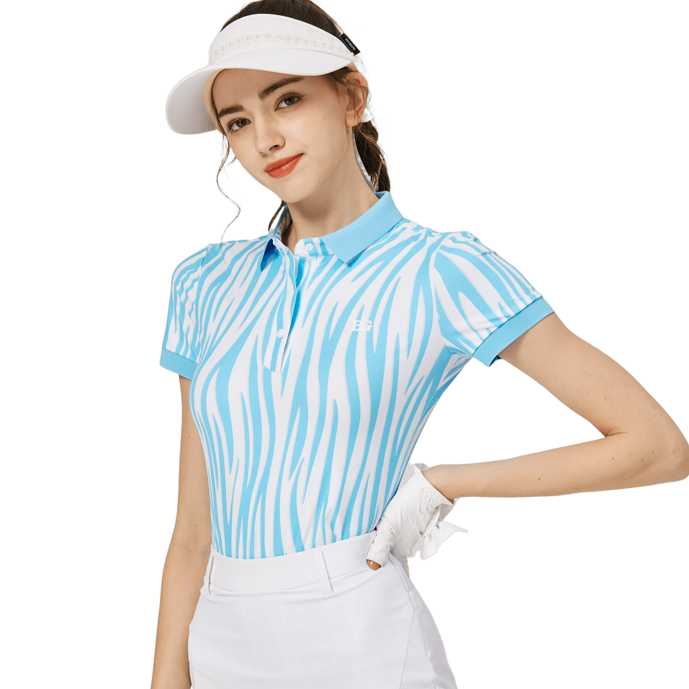 BLKTEE Color Stripe Lapel Women's Short Sleeve Top (Colorful Blue)