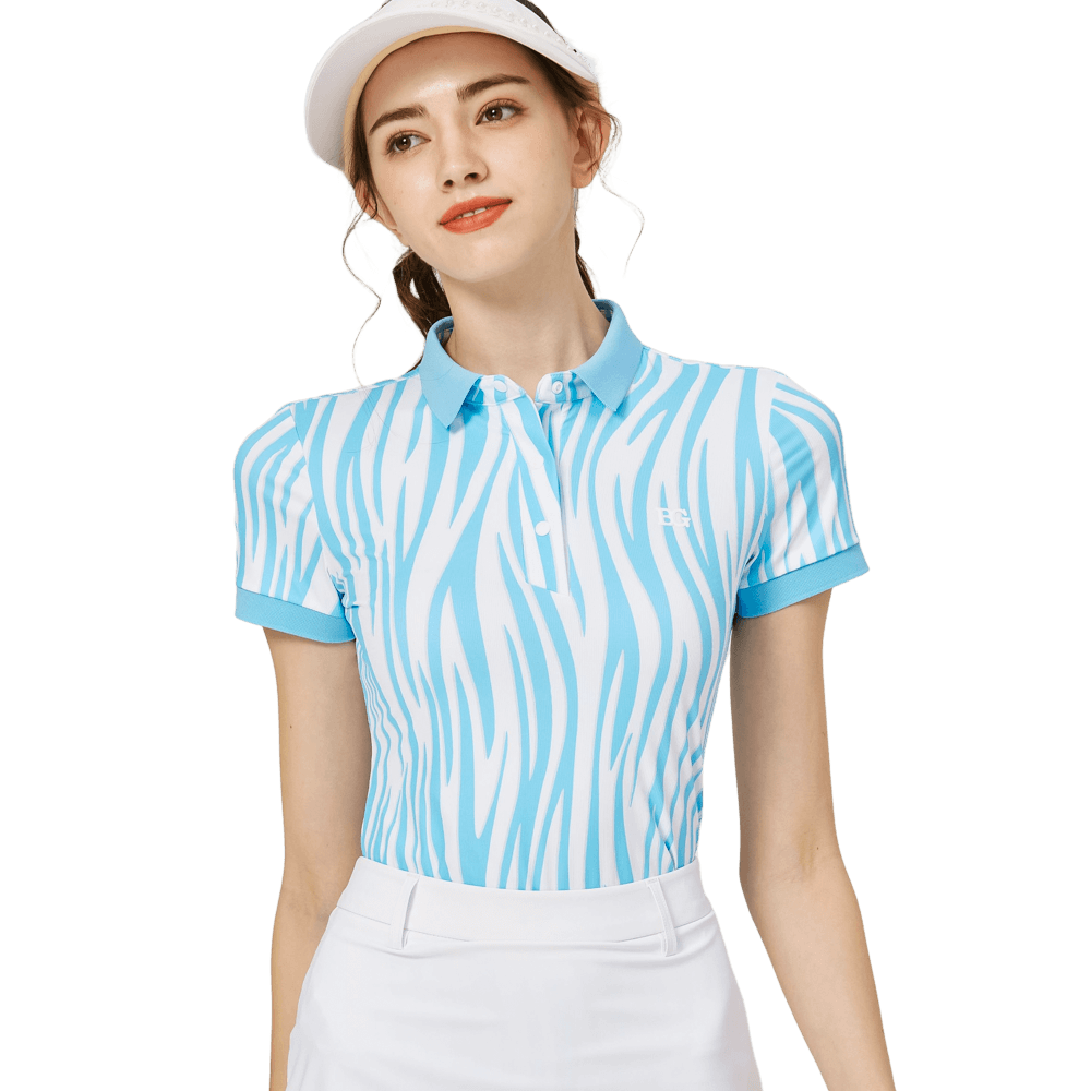 BLKTEE Color Stripe Lapel Women's Short Sleeve Top (Colorful Blue)
