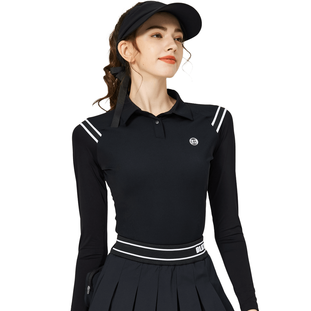 BLKTEE肩拼綫條防曬冰絲袖女上衣(黑色)