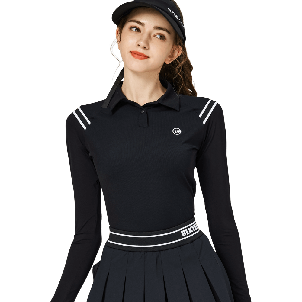 BLKTEE肩拼綫條防曬冰絲袖女上衣(黑色)