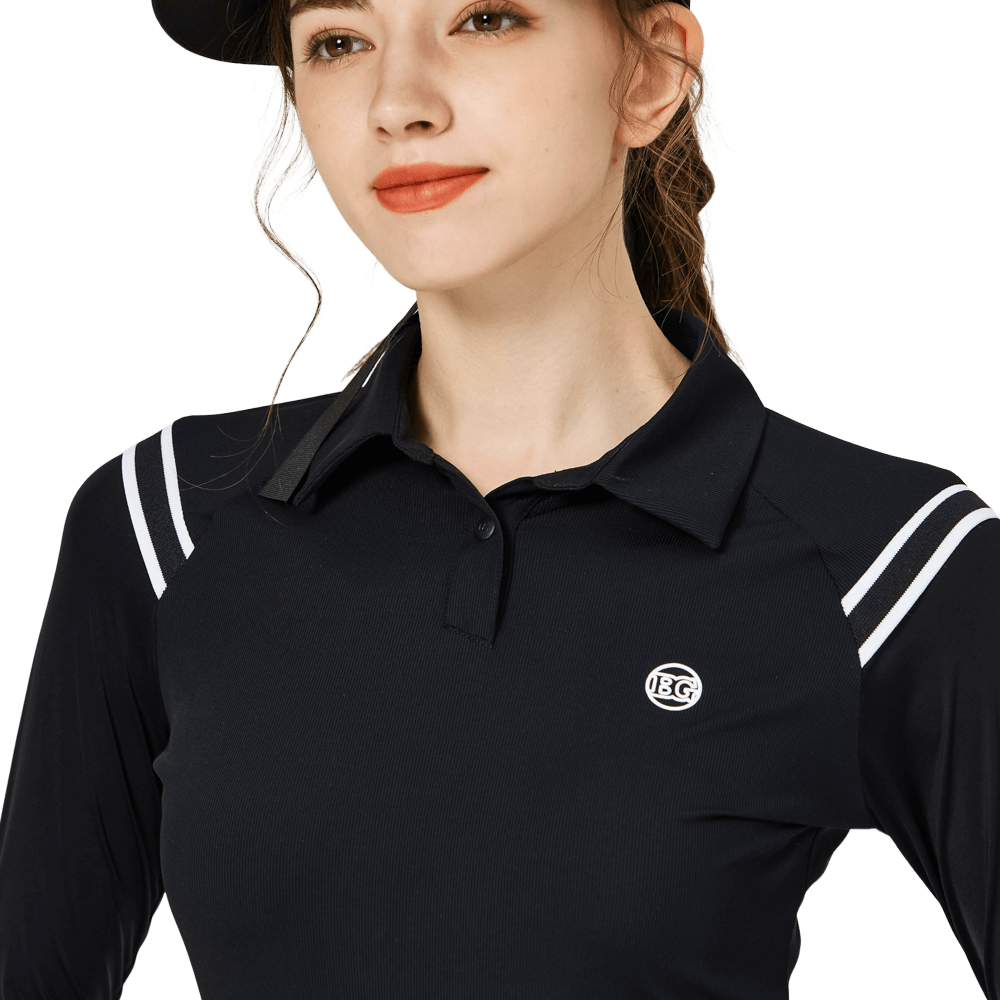 BLKTEE肩拼綫條防曬冰絲袖女上衣(黑色)