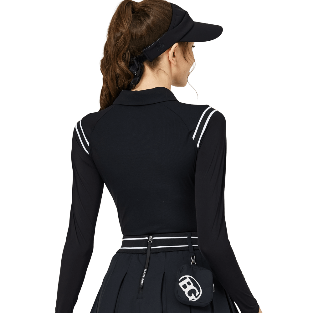 BLKTEE肩拼綫條防曬冰絲袖女上衣(黑色)