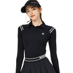 BLKTEE肩拼綫條防曬冰絲袖女上衣(黑色)