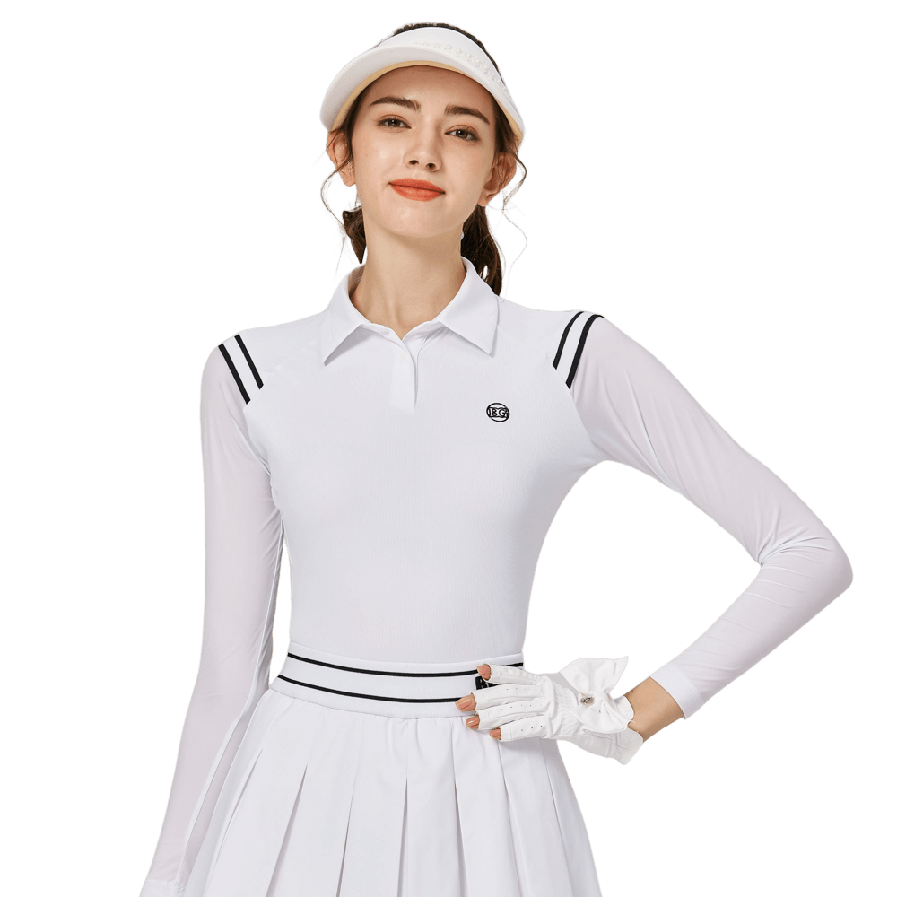 BLKTEE肩拼綫條防曬冰絲袖女上衣(白色)