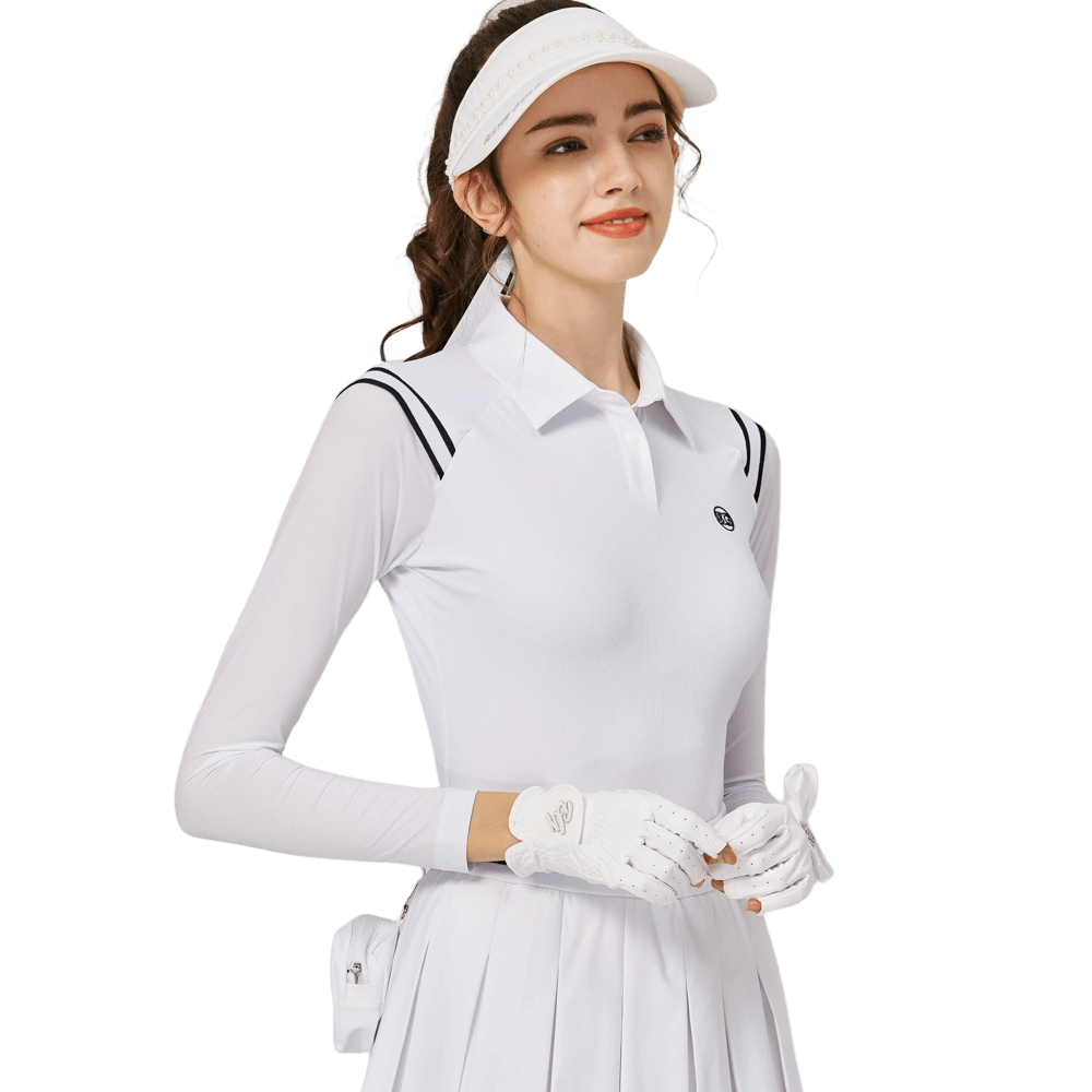 BLKTEE肩拼綫條防曬冰絲袖女上衣(白色)