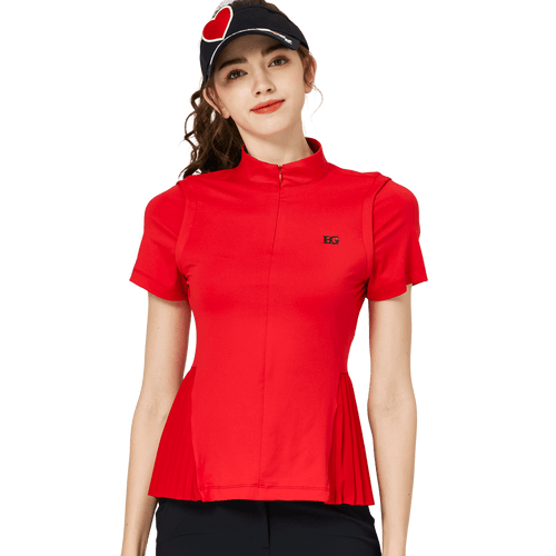 BLKTEE小百褶長版寬鬆女短袖上衣(紅色)