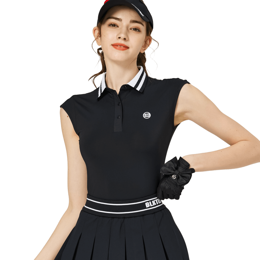 涼感收腰學院領女無袖上衣(黑色)