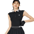 涼感收腰學院領女無袖上衣(黑色)