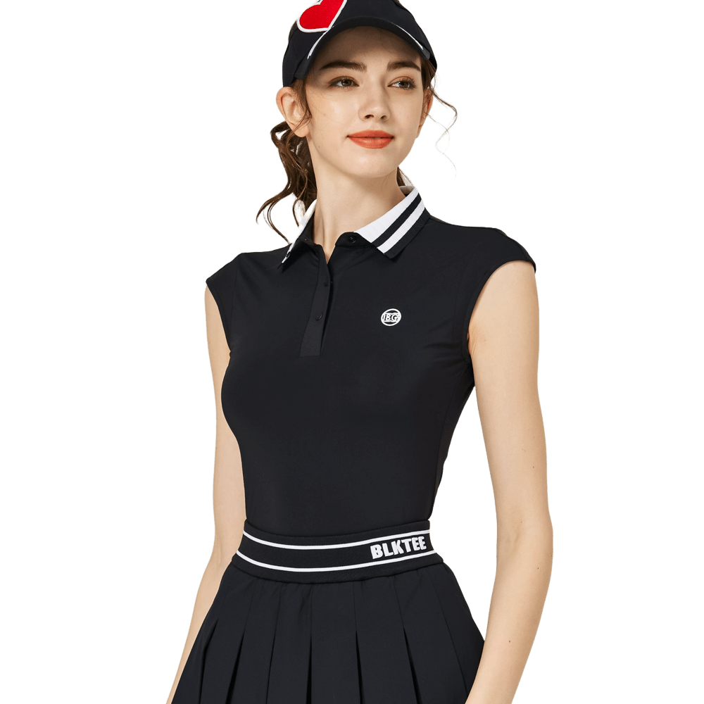 BLKTEE涼感收腰學院領女無袖上衣(黑色)