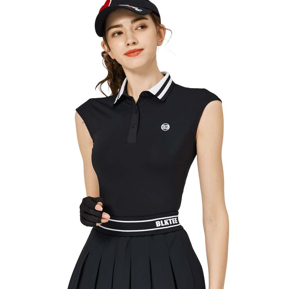 BLKTEE涼感收腰學院領女無袖上衣(黑色)