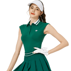 BLKTEE涼感收腰學院領女無袖上衣(墨綠)