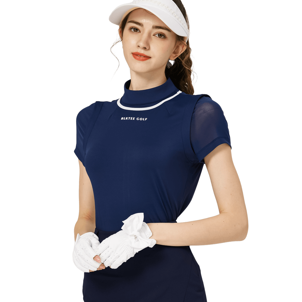 BLKTEE網紗袖圓領女短袖上衣(寶藍)